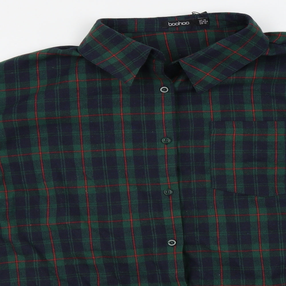 Boohoo Womens Green Plaid  Basic Button-Up Size 16