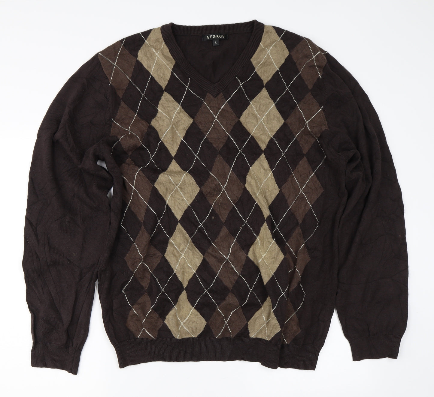George Mens Brown Argyle/Diamond  Pullover Jumper Size L