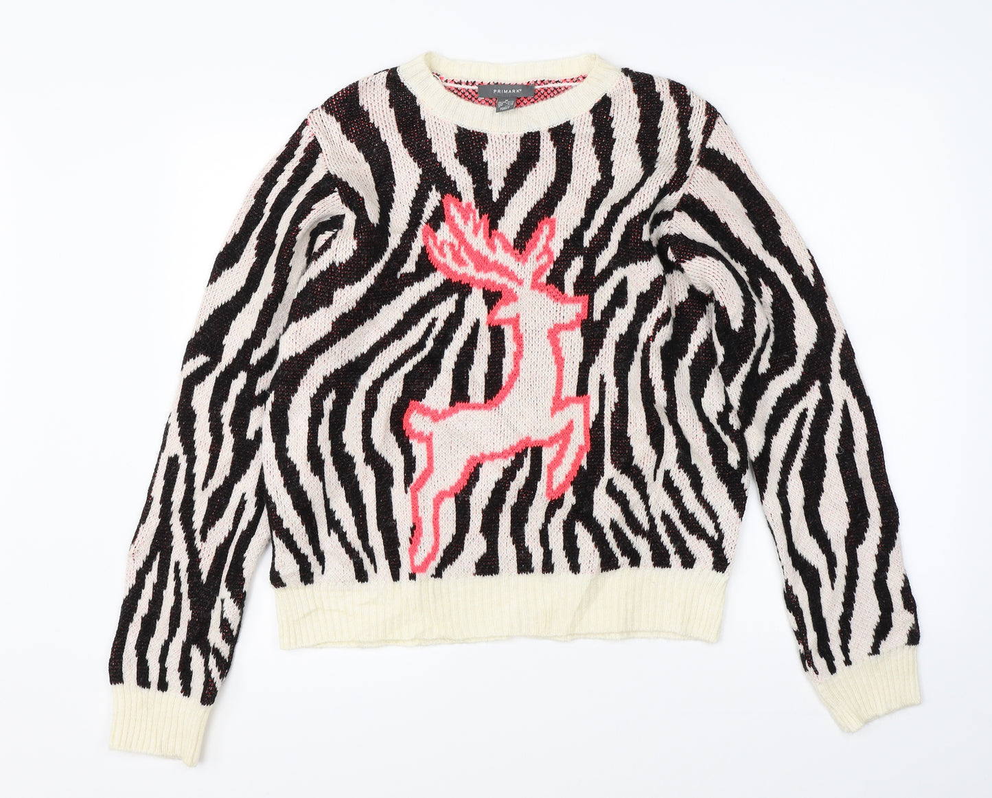 Primark Womens White Animal Print Knit Pullover Jumper Size M  - deer