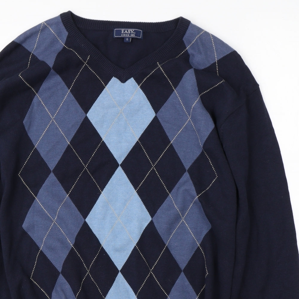 Easy Mens Blue Argyle/Diamond  Pullover Jumper Size L