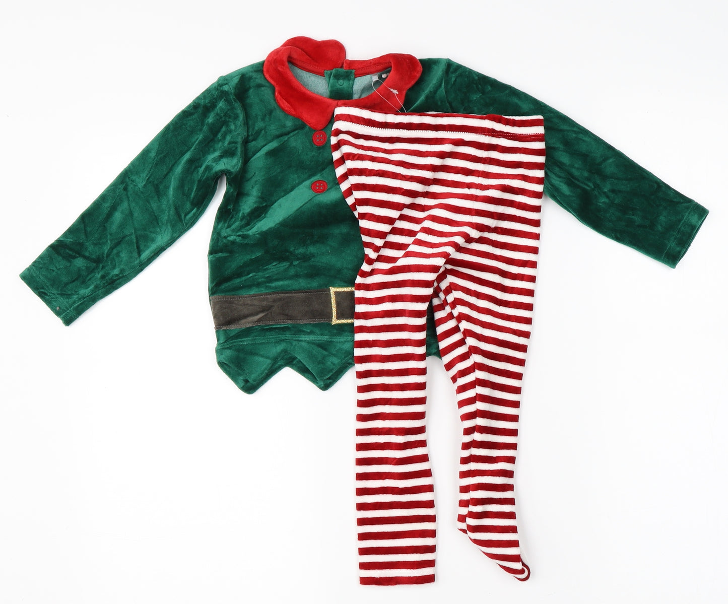 Marks & Spencer Boys Green Striped   Pyjama Set Size 2-3 Years  - christmas elf set