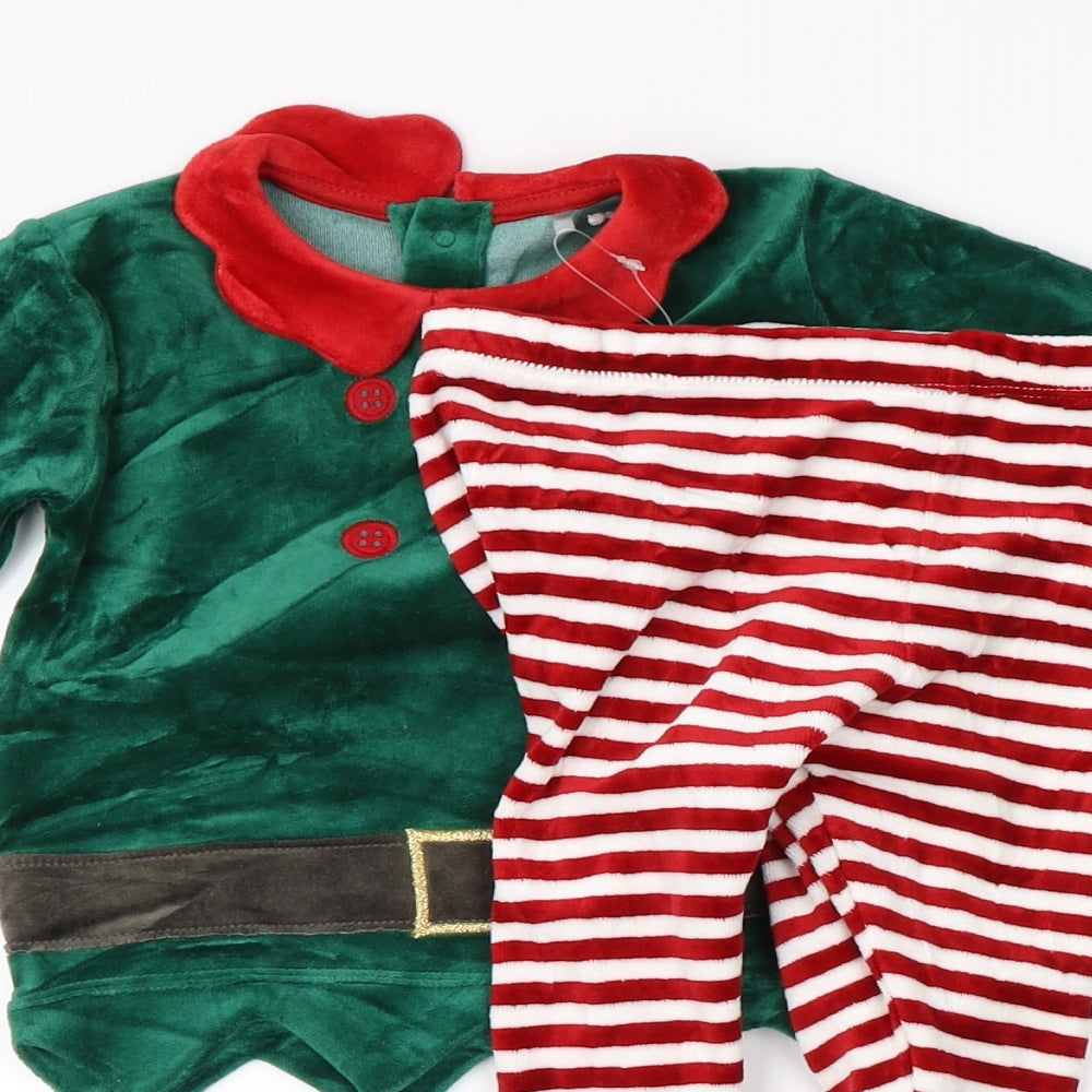 Marks & Spencer Boys Green Striped   Pyjama Set Size 2-3 Years  - christmas elf set