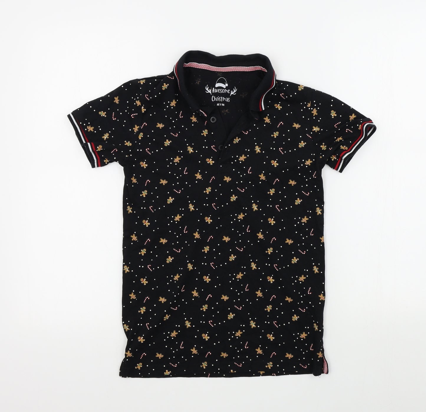 Preworn Boys Black Geometric  Basic Polo Size 11 Years  - christmas jumper