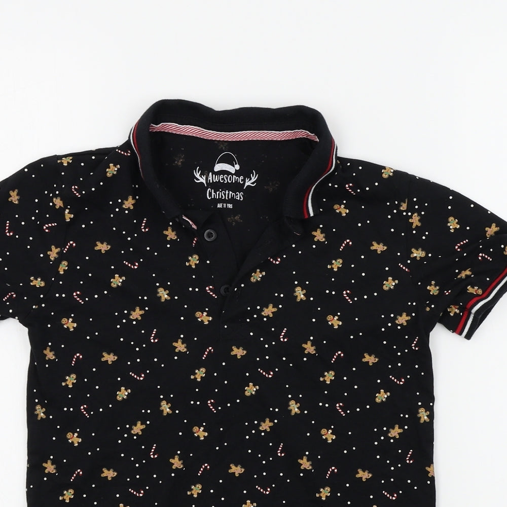 Preworn Boys Black Geometric  Basic Polo Size 11 Years  - christmas jumper