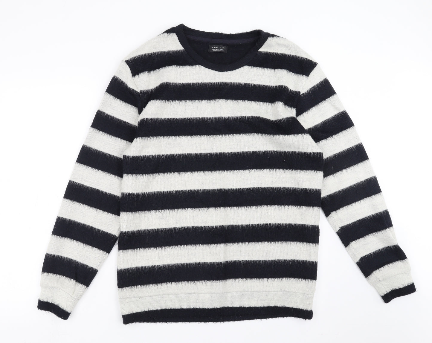 Zara Mens Black Striped  Pullover Jumper Size XL  - fluffy