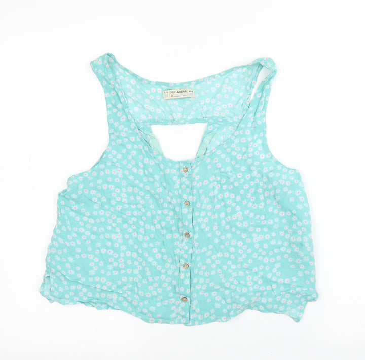 Pull&Bear Womens Green Floral  Basic Blouse Size M
