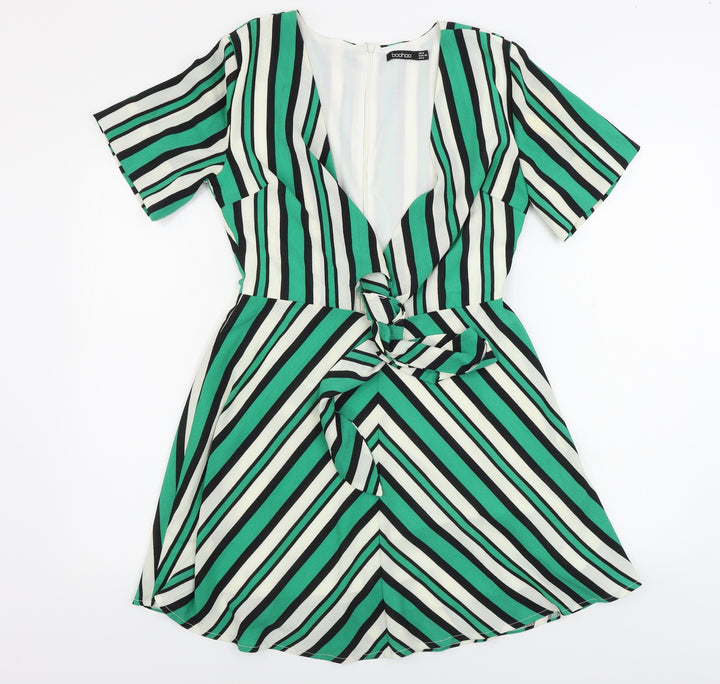 Boohoo Womens Green Striped A-Line Size 8
