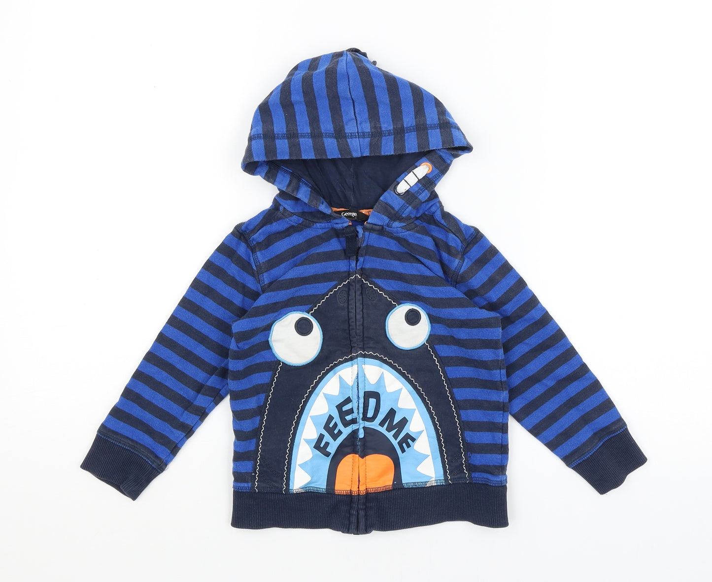 George Boys Blue Striped  Full Zip Hoodie Size 2-3 Years  - Shark