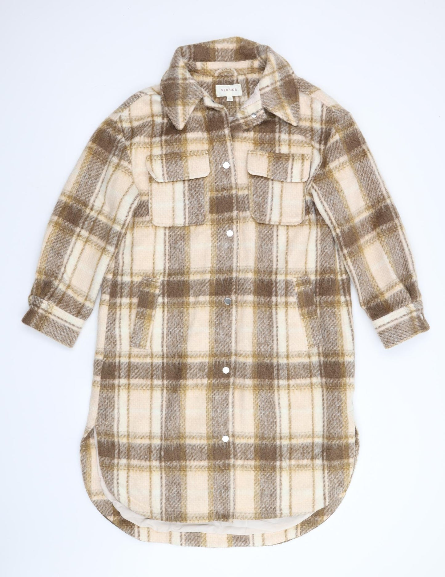 M&S Womens Brown Check Fleece Overcoat Coat Size 10