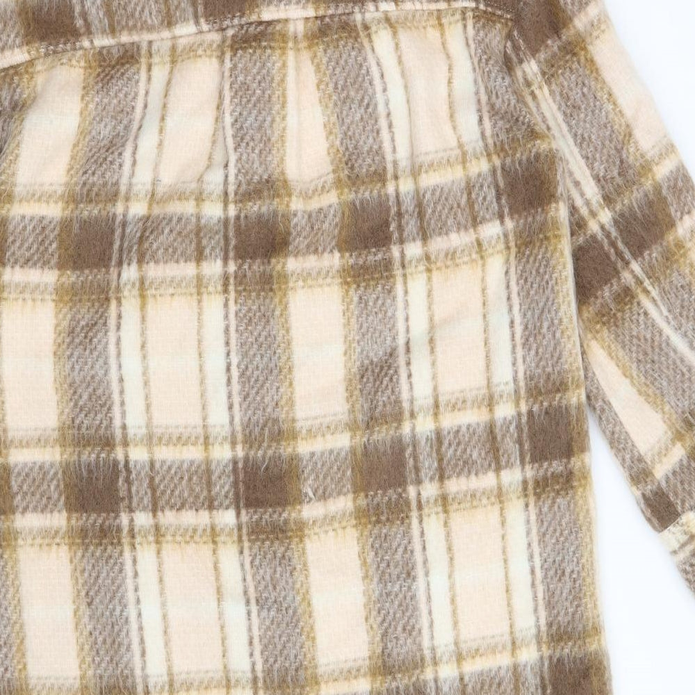 M&S Womens Brown Check Fleece Overcoat Coat Size 10