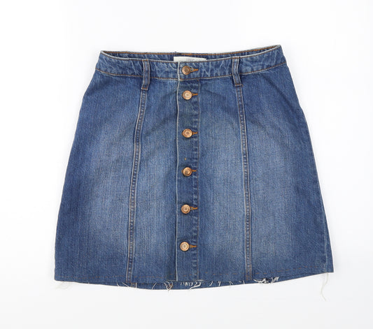 Front view of L.O.G.G women’s blue denim a-line skirt, size UK 8