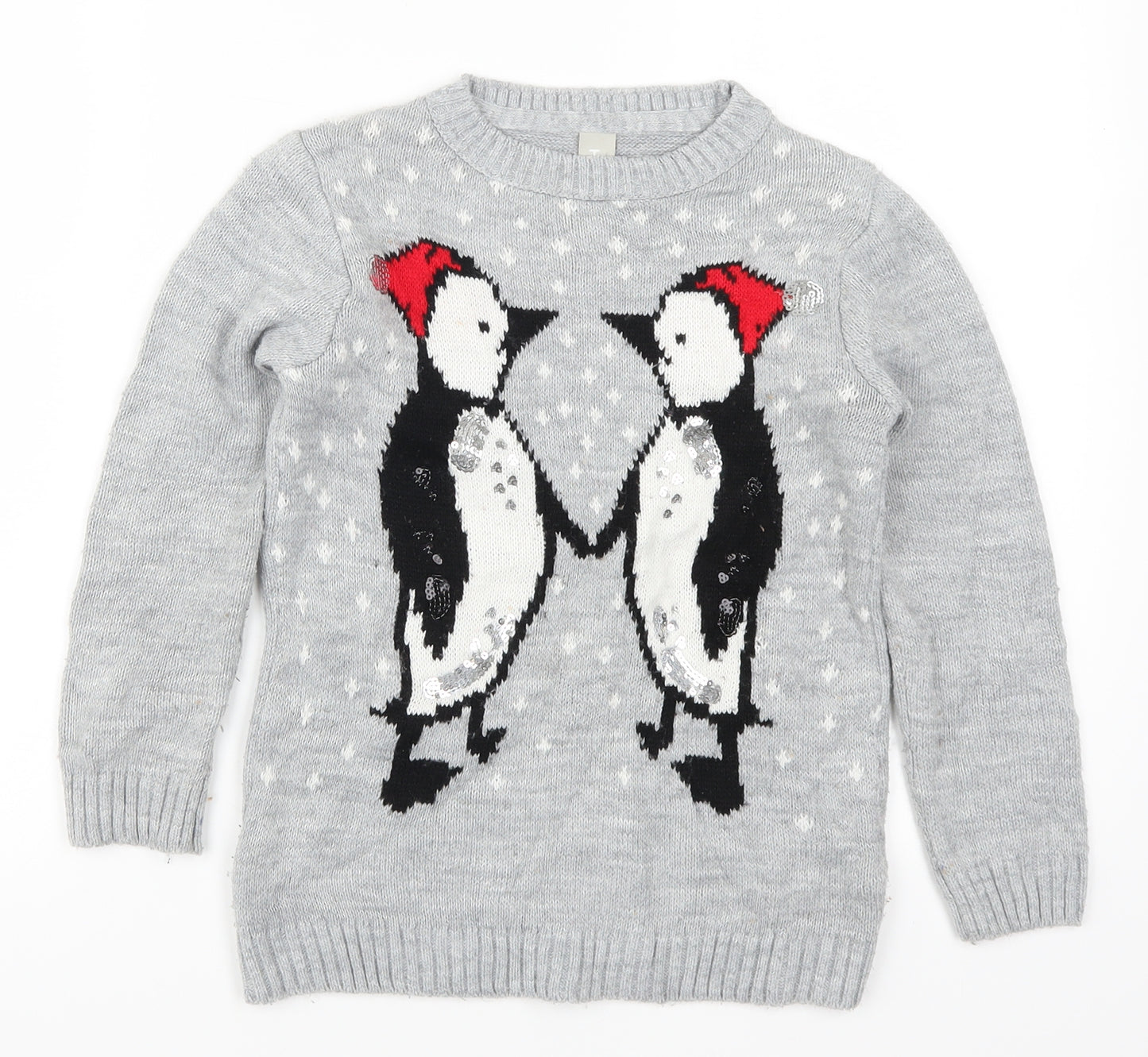Ty Girls Grey  Knit Pullover Jumper Size 8 Years  - Penguins