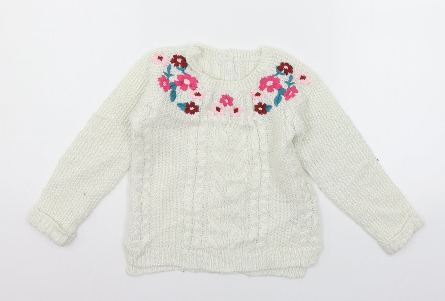 Matalan Girls White Floral Knit Pullover Jumper Size 3-4 Years