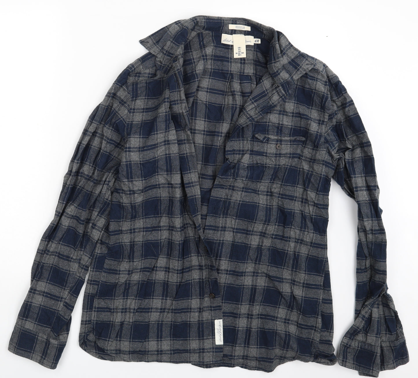 H&M Mens Blue Check   Button-Up Size L