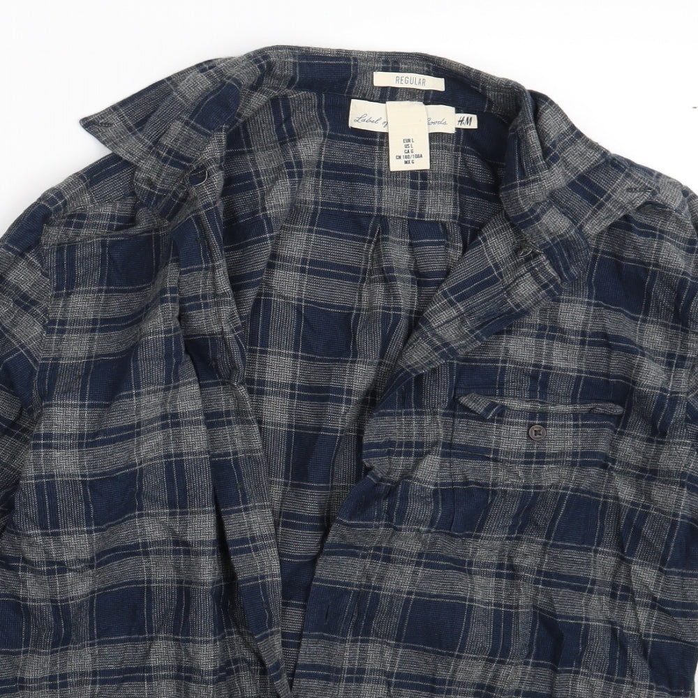 H&M Mens Blue Check   Button-Up Size L