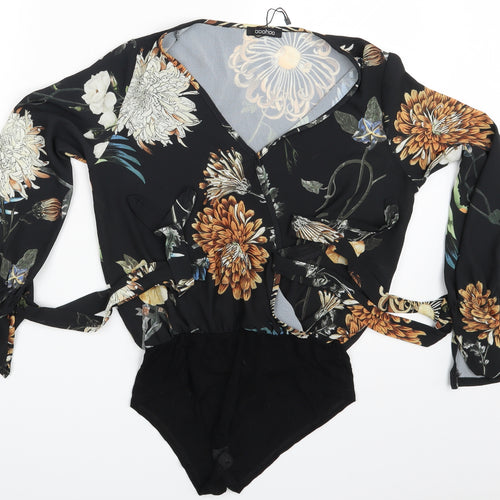 Boohoo Womens Black Floral  Bodysuit One-Piece Size 8
