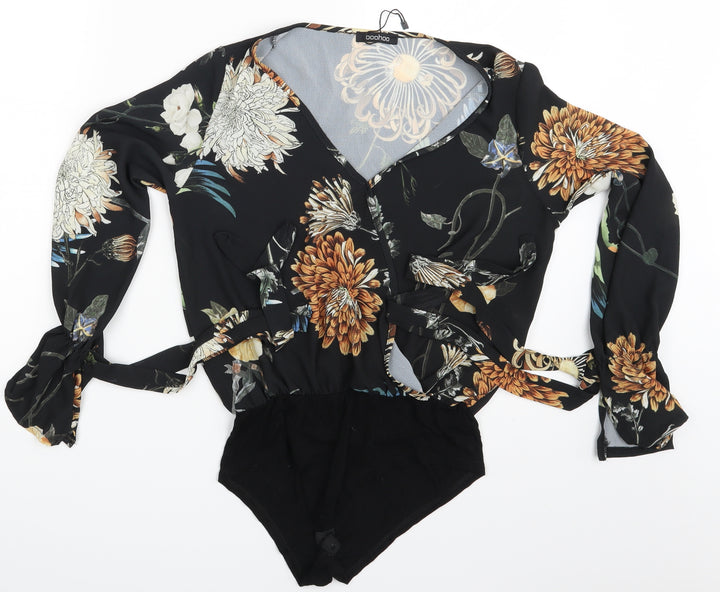 Boohoo Womens Black Floral Bodysuit One-Piece Size 8
