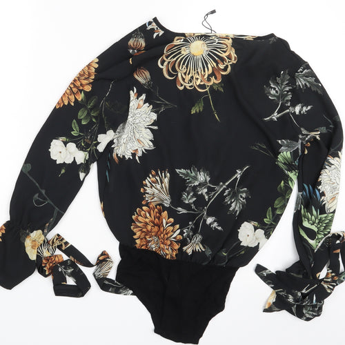 Boohoo Womens Black Floral  Bodysuit One-Piece Size 8