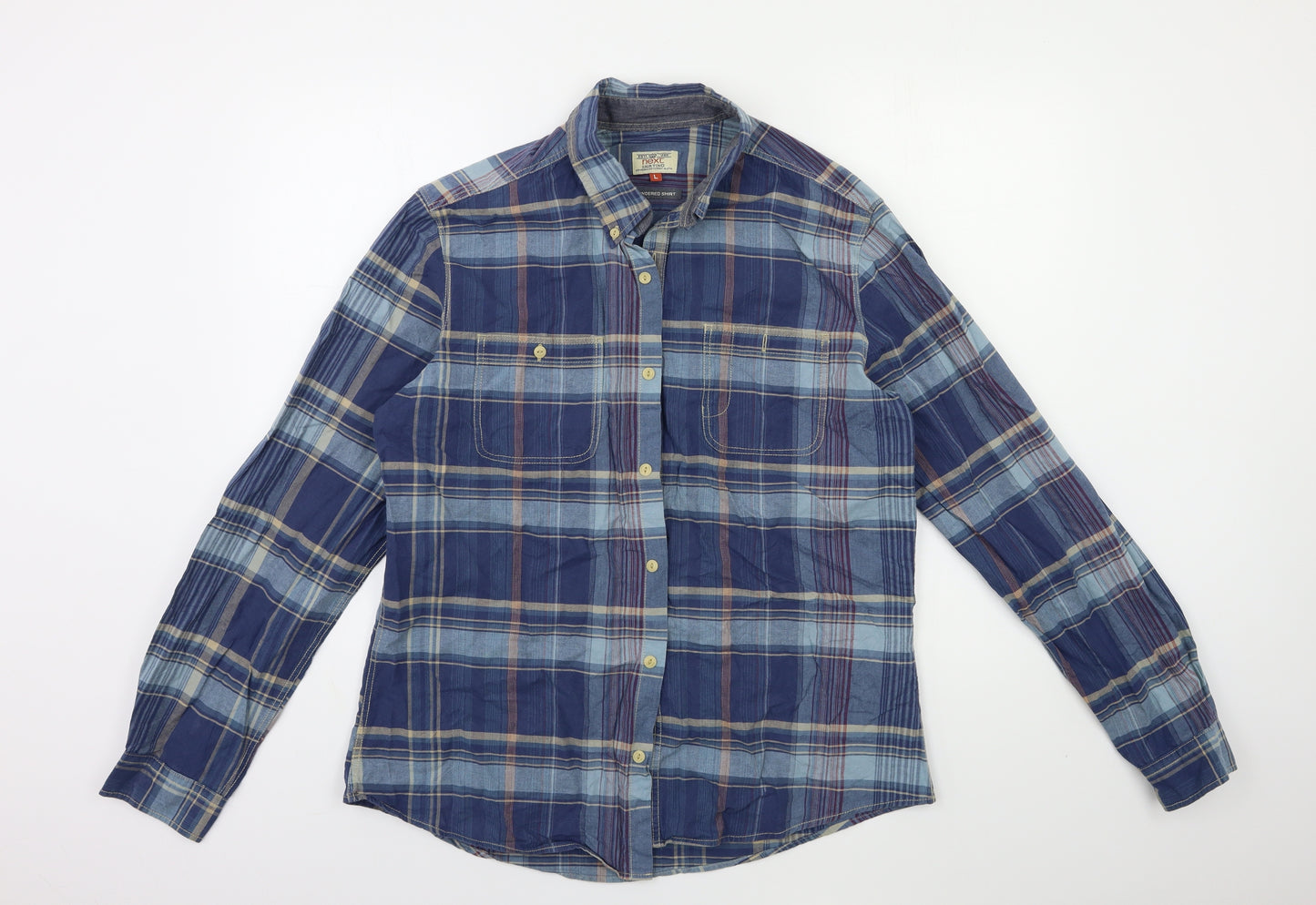 George Mens Blue Check   Button-Up Size L
