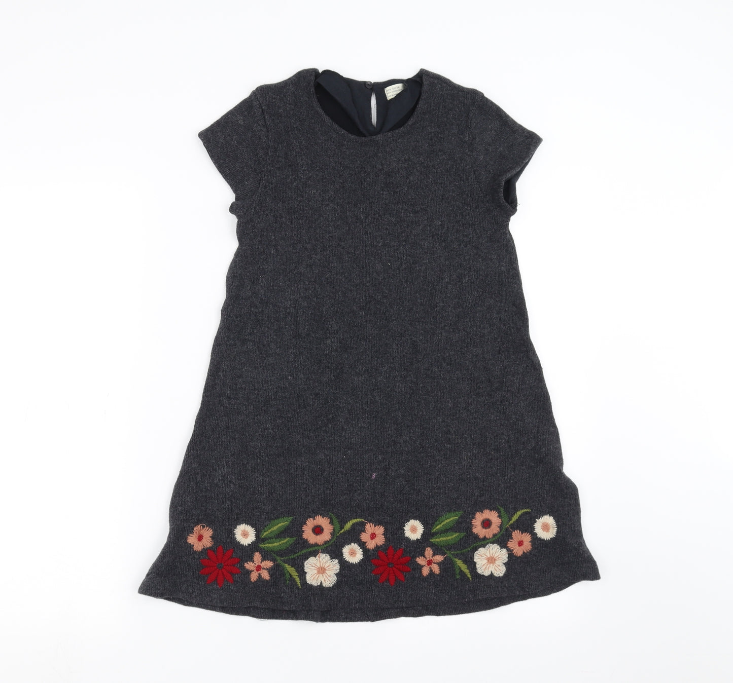 Zara Girls Grey  Knit Jumper Dress  Size 11-12 Years  - Floral embroidery