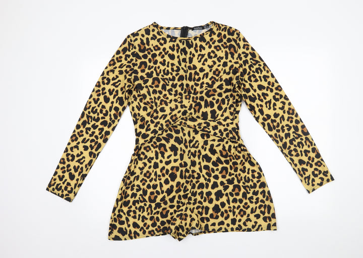 Boohoo Womens Beige Animal Print Chiffon Romper One-Piece Size 10