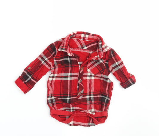 Front view of George boys’ red check basic button-up, size 3-6, months - vest bottom