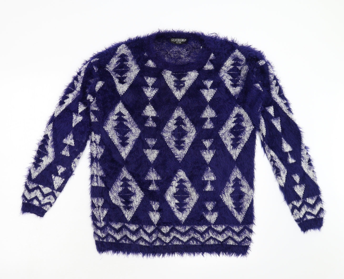 Silver Swan Womens Blue Geometric Knit Pullover Jumper Size XL