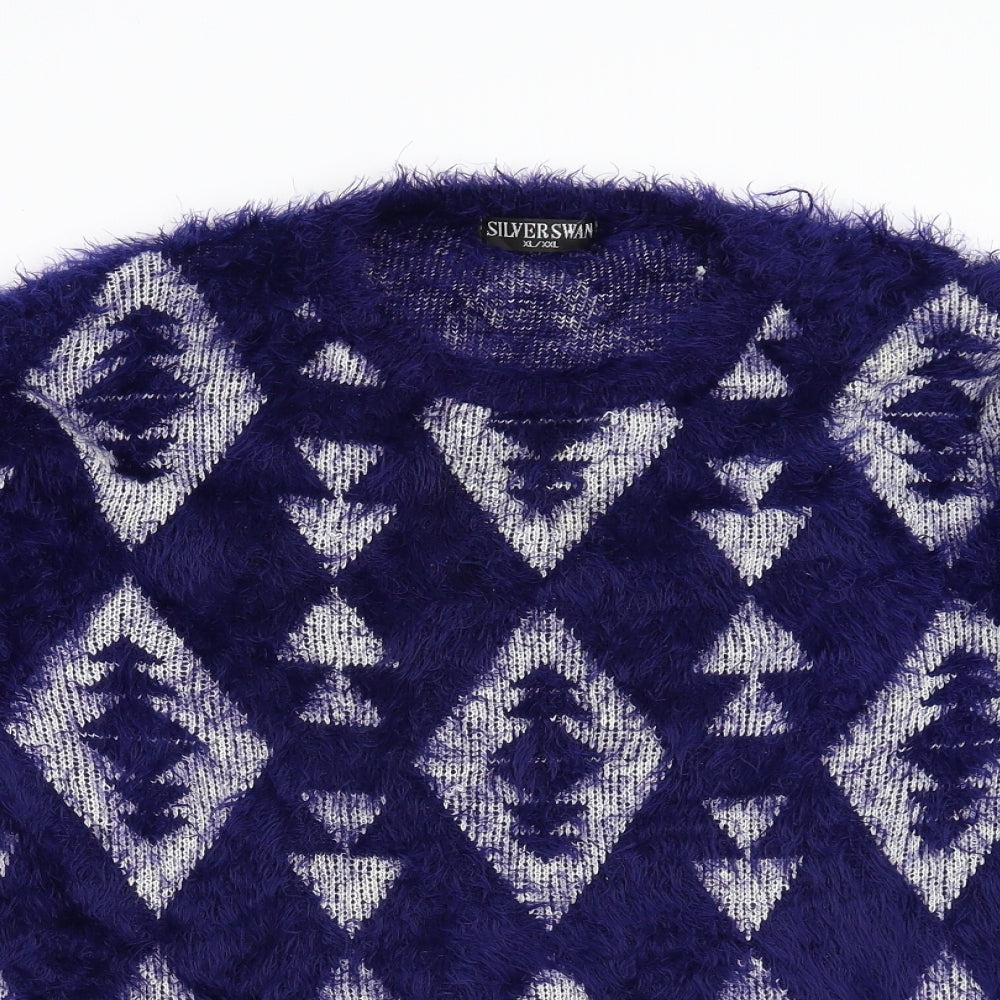 Silver Swan Womens Blue Geometric Knit Pullover Jumper Size XL