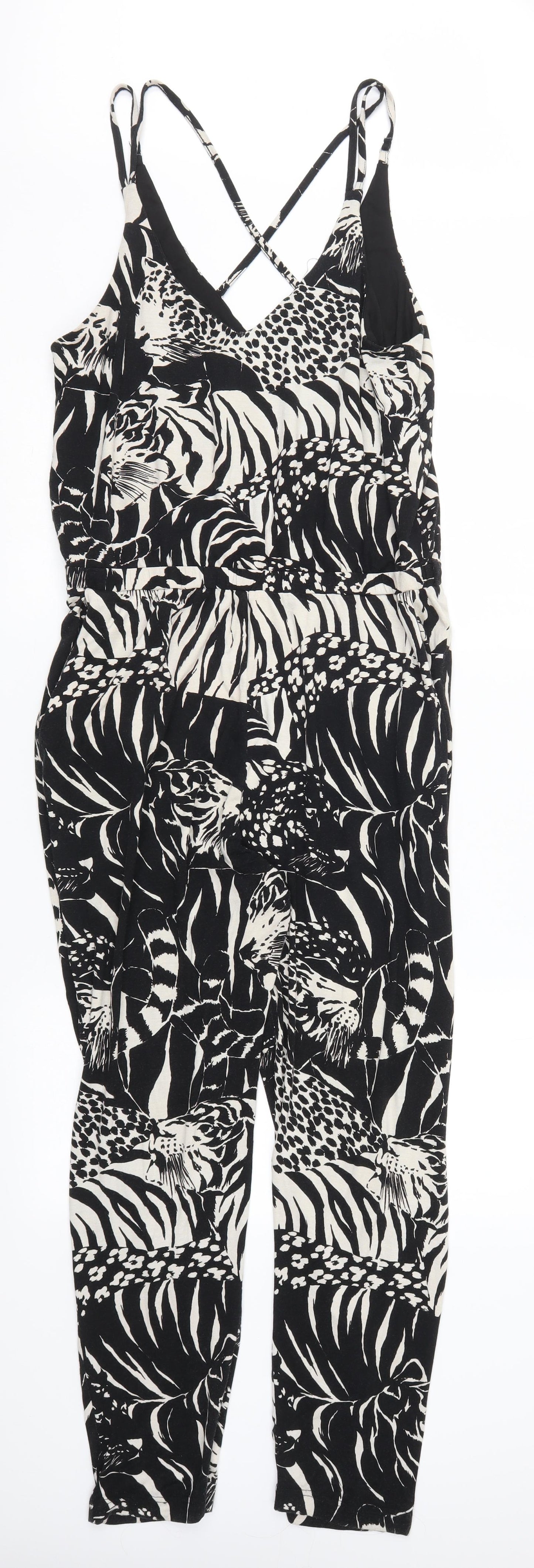 Topshop Womens Black Animal Print  Jumpsuit One-Piece Size 14 L25 in - Black and Beige