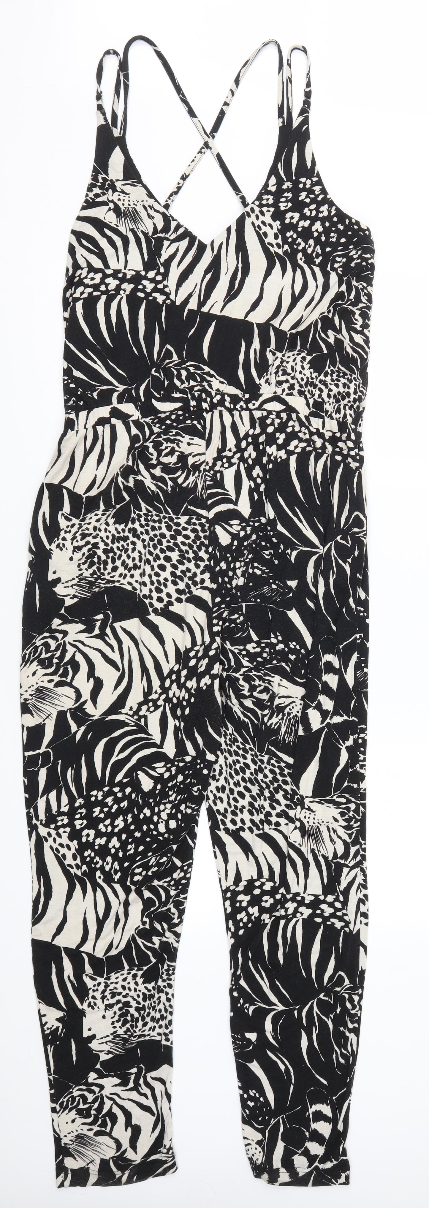 Topshop Womens Black Animal Print  Jumpsuit One-Piece Size 14 L25 in - Black and Beige