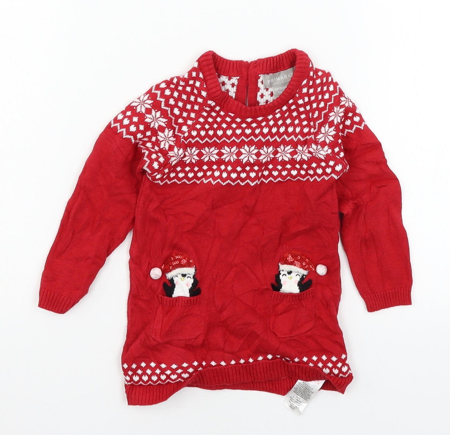 Primark Girls Red  Knit Jumper Dress  Size 12-18 Months  - Penguin
