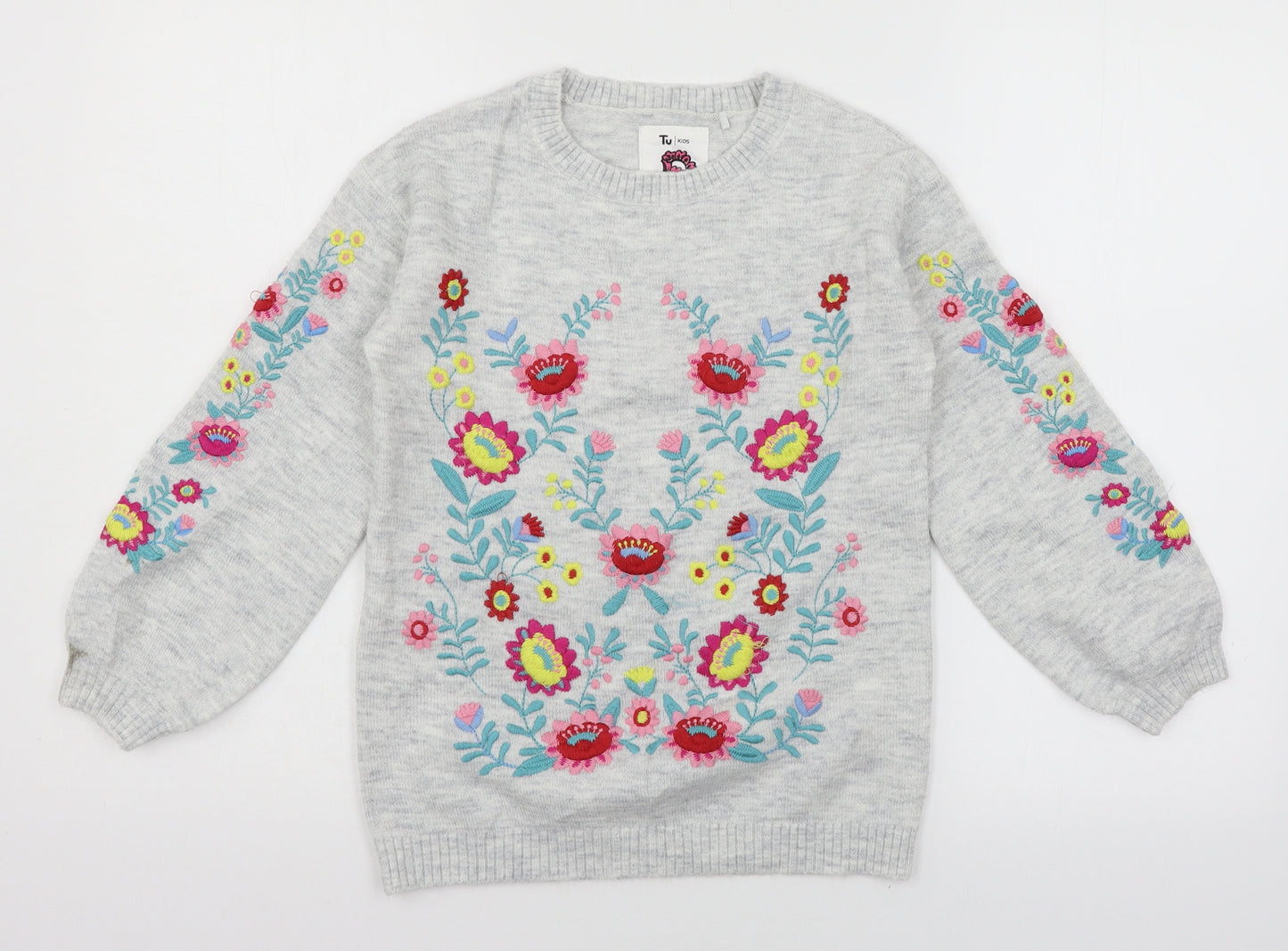 TU Girls Grey Floral Knit Pullover Jumper Size 9 Years