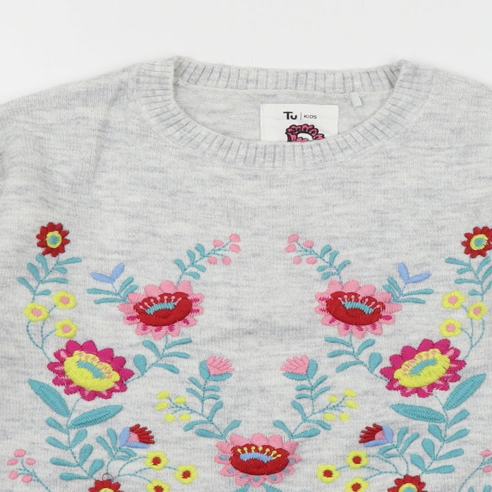 TU Girls Grey Floral Knit Pullover Jumper Size 9 Years
