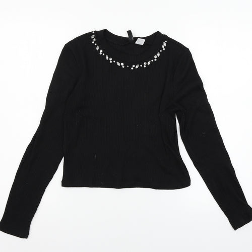 Divided by H&M Womens Black  Jersey Basic T-Shirt Size M  - Embelished Neckline