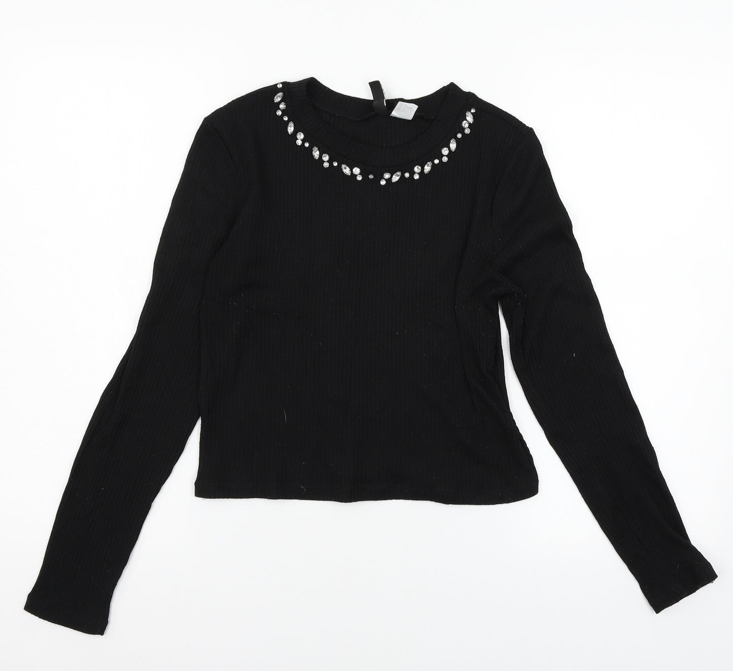 Divided by H&M Womens Black  Jersey Basic T-Shirt Size M  - Embelished Neckline