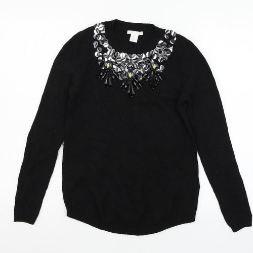 H&M Womens Black  Knit Pullover Jumper Size XS  - Embelished Neckline
