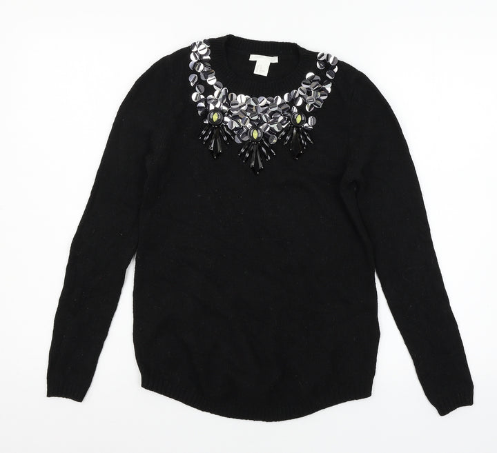 H&M Womens Black Knit Pullover Jumper Size XS - Embelished Neckline