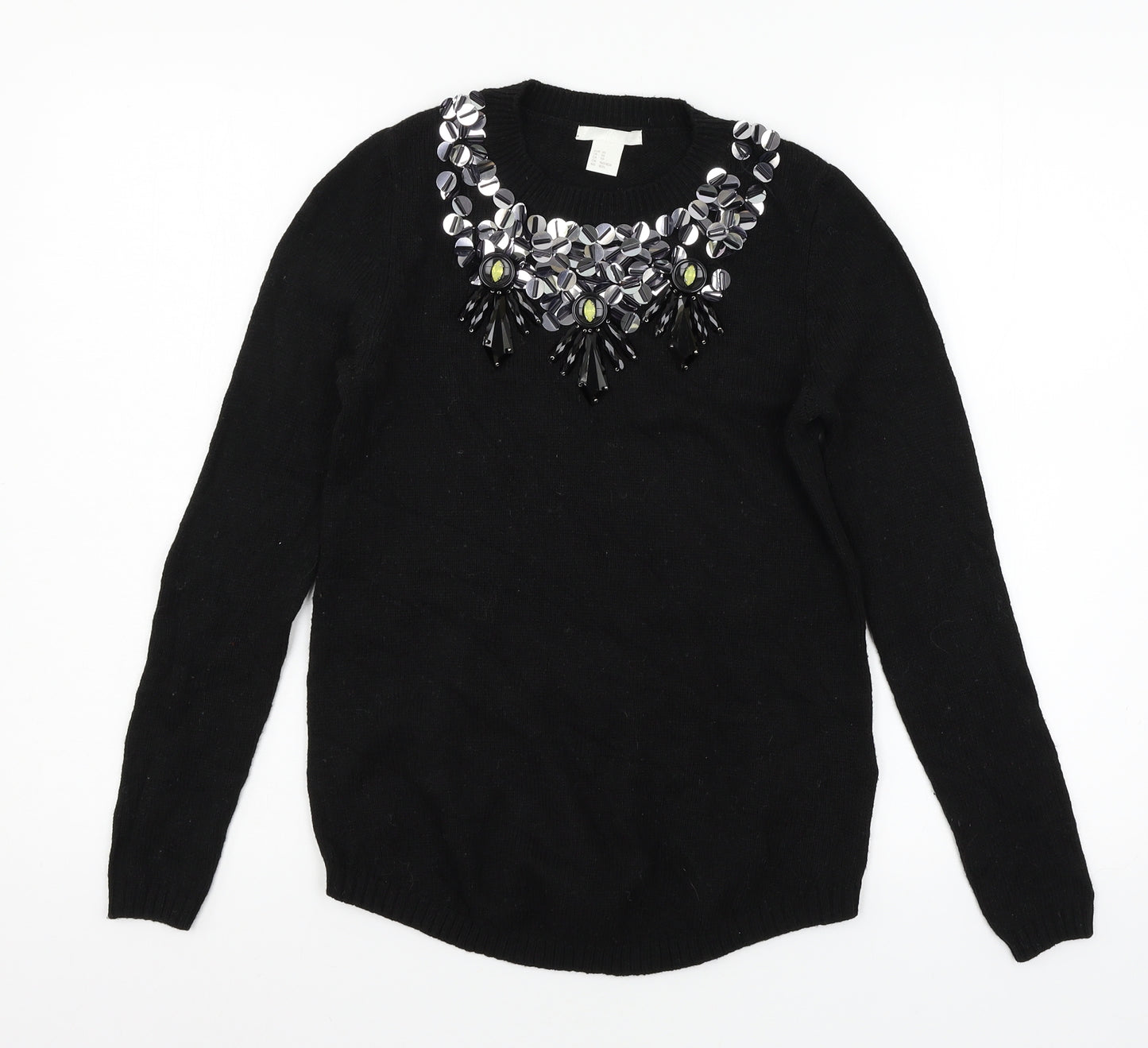 H&M Womens Black  Knit Pullover Jumper Size XS  - Embelished Neckline