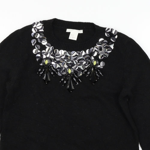 H&M Womens Black  Knit Pullover Jumper Size XS  - Embelished Neckline