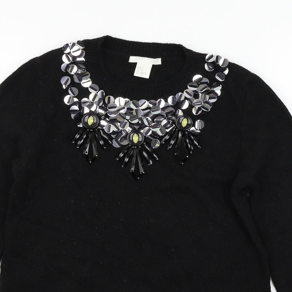 H&M Womens Black  Knit Pullover Jumper Size XS  - Embelished Neckline