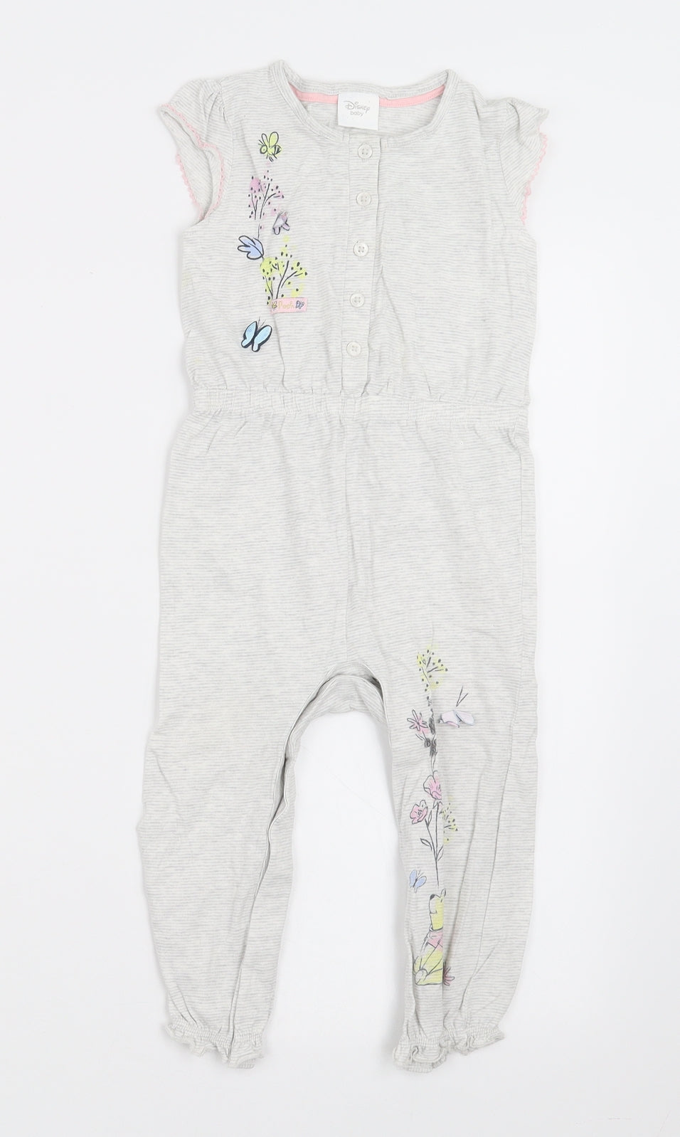 Disney Girls Grey Striped  Dungaree One-Piece Size 12-18 Months  - Winnie the Pooh