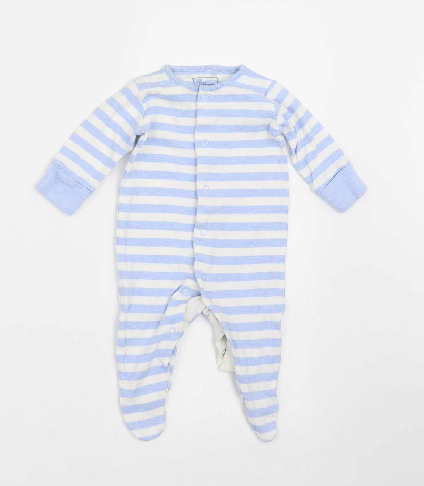 NEXT Boys Blue Striped  Babygrow One-Piece Size 0-3 Months  - BUILT IN MITTENS