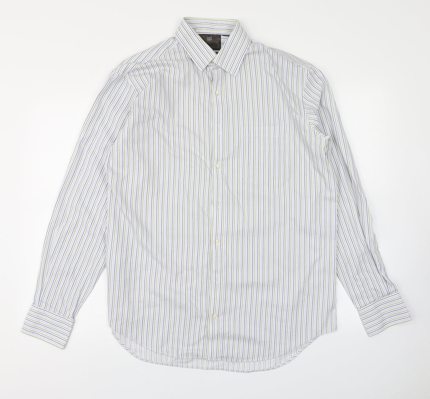 M&S Collection Mens Blue Striped   Button-Up Size 16