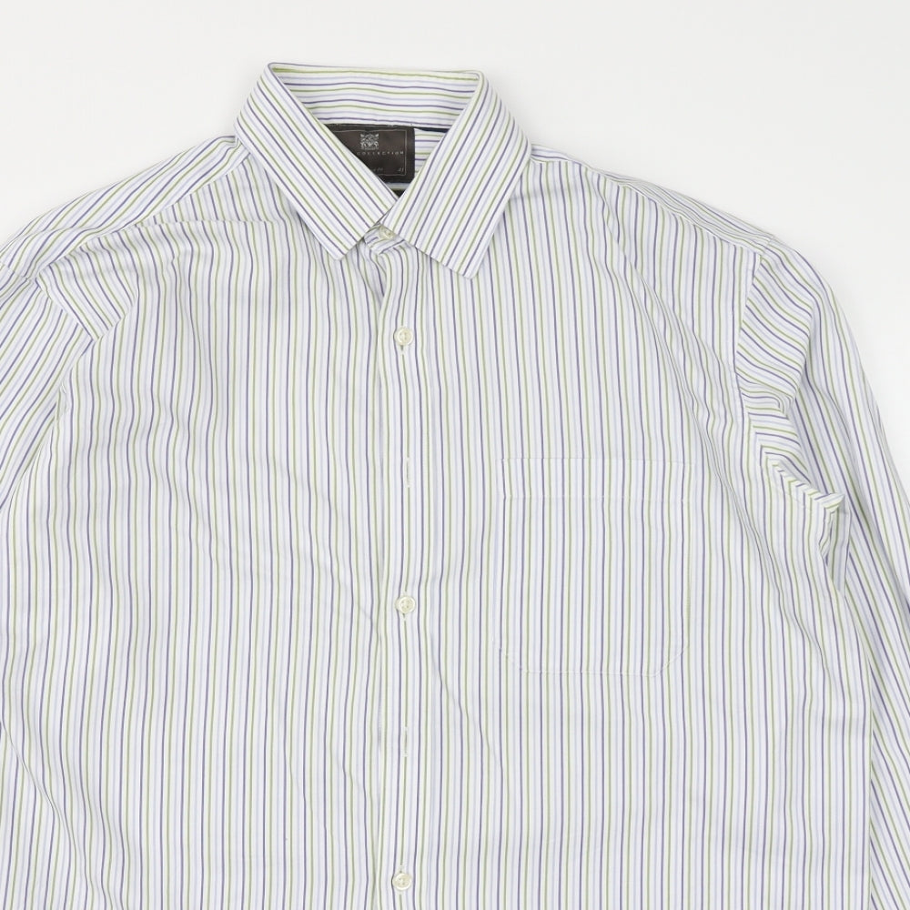 M&S Collection Mens Blue Striped   Button-Up Size 16