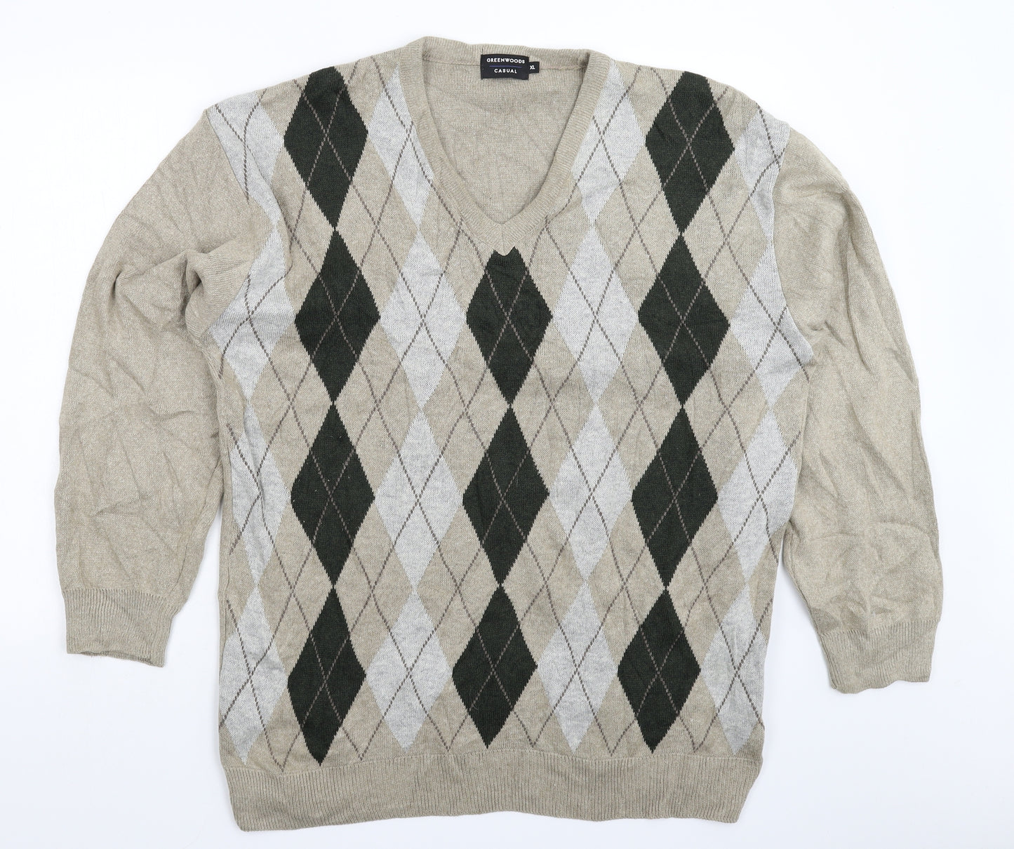 Greenwods Mens Grey Check Knit Pullover Jumper Size XL