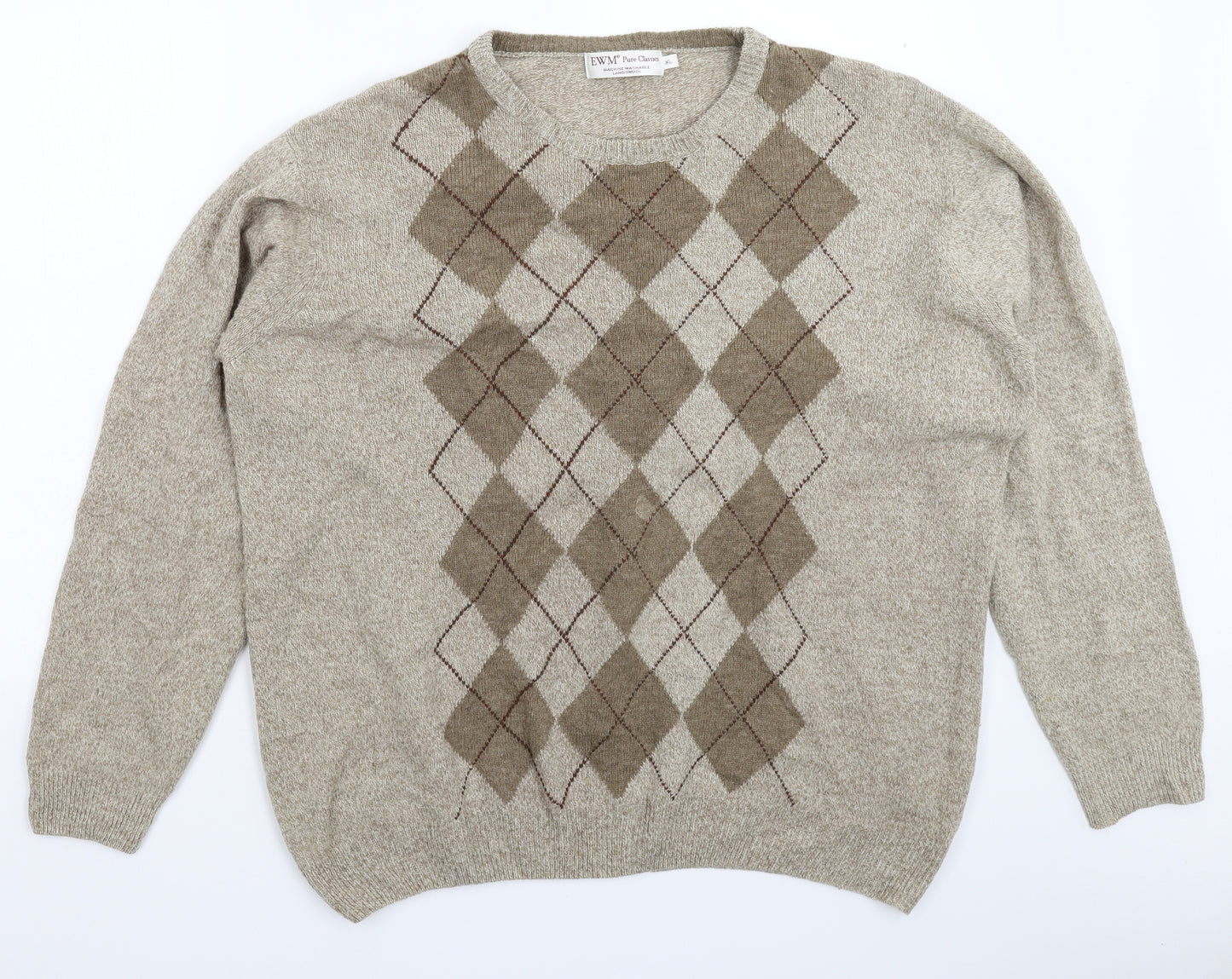 EWM Mens Beige Check Knit Pullover Jumper Size XL