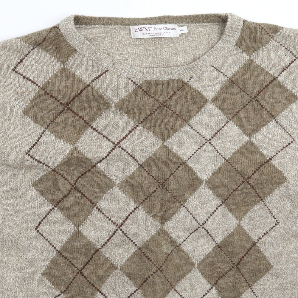 EWM Mens Beige Check Knit Pullover Jumper Size XL