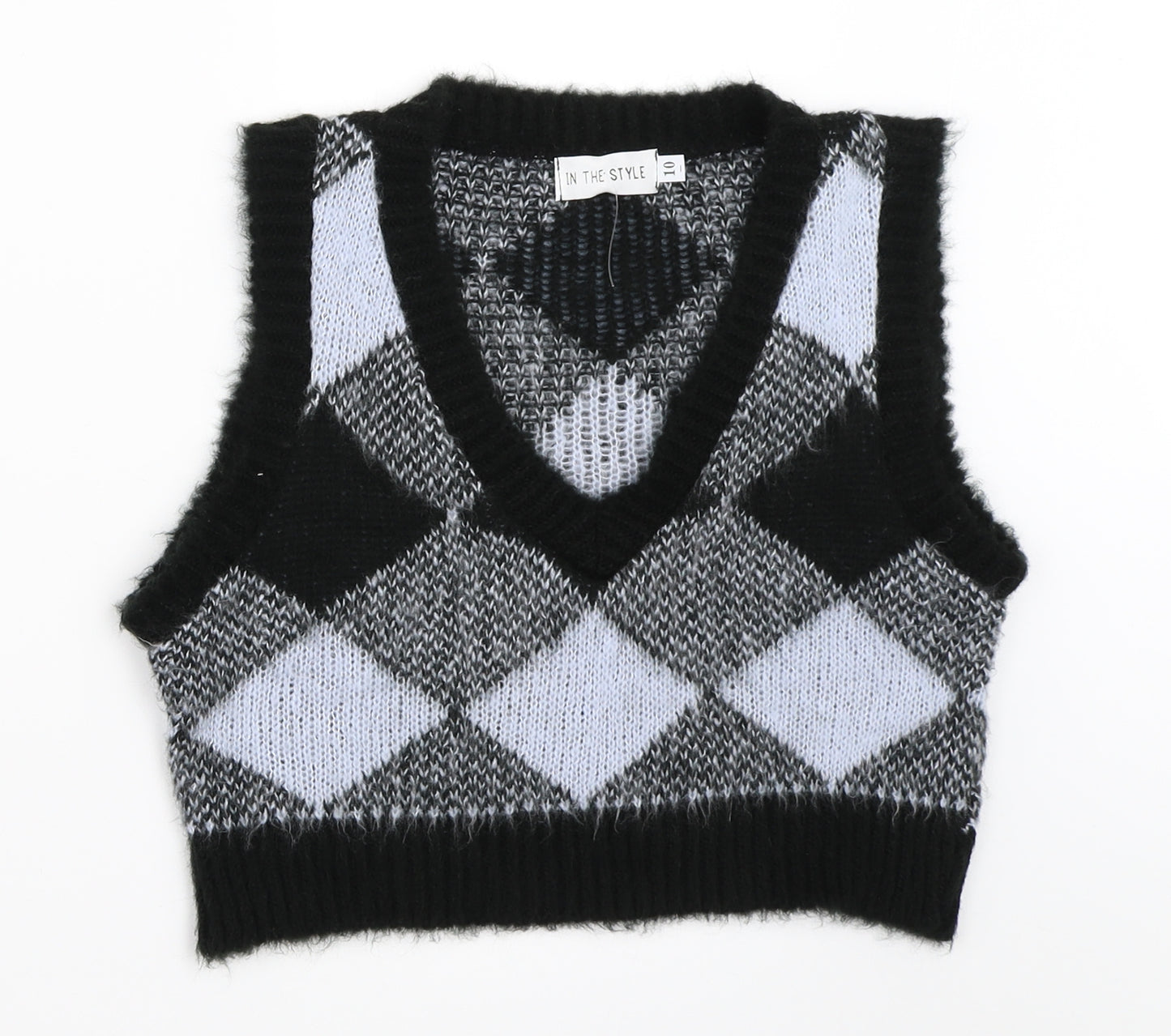 In the Style Womens Black Argyle/Diamond  Vest Jumper Size 10