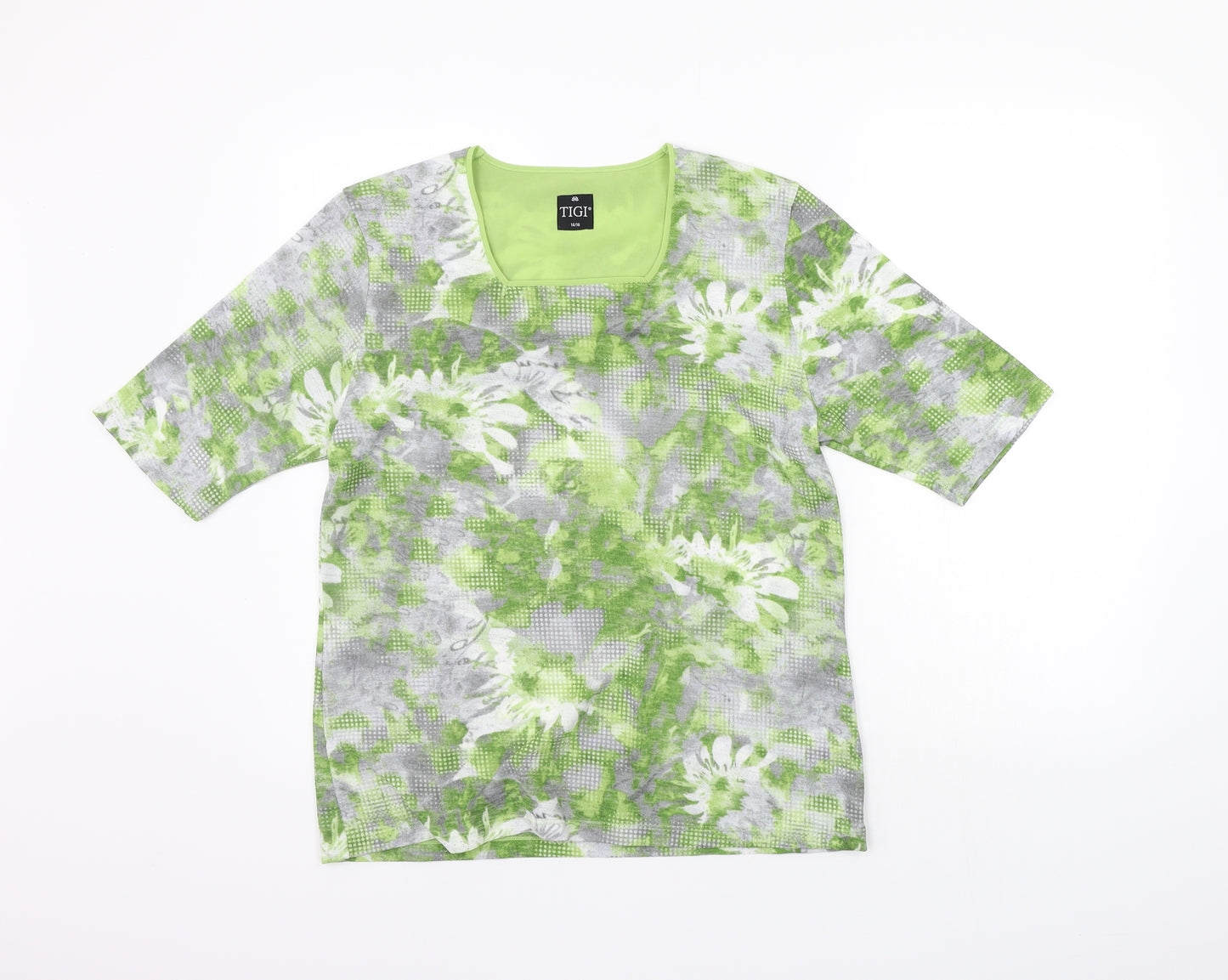 TIGI Womens Green Floral  Basic T-Shirt Size 14
