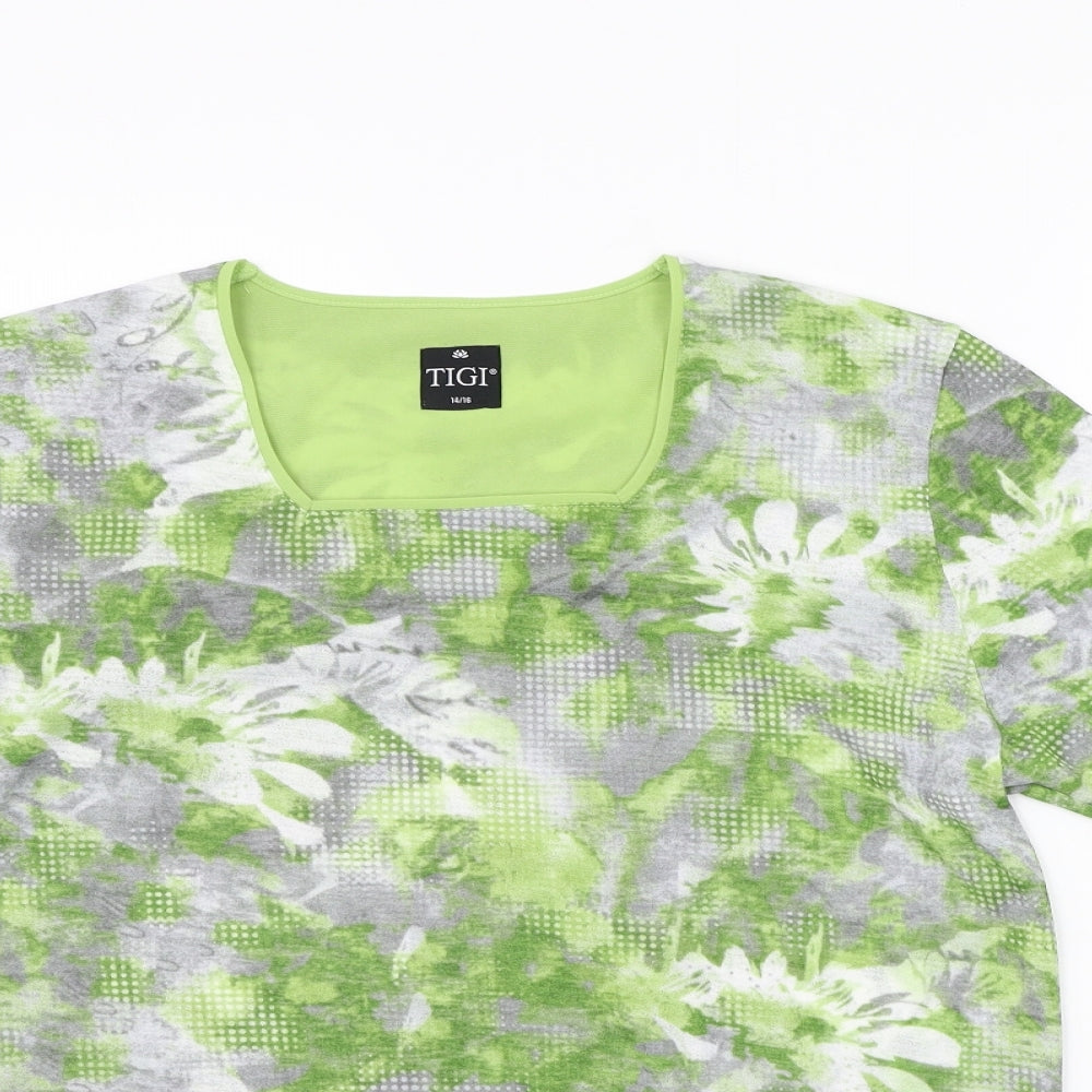 TIGI Womens Green Floral  Basic T-Shirt Size 14